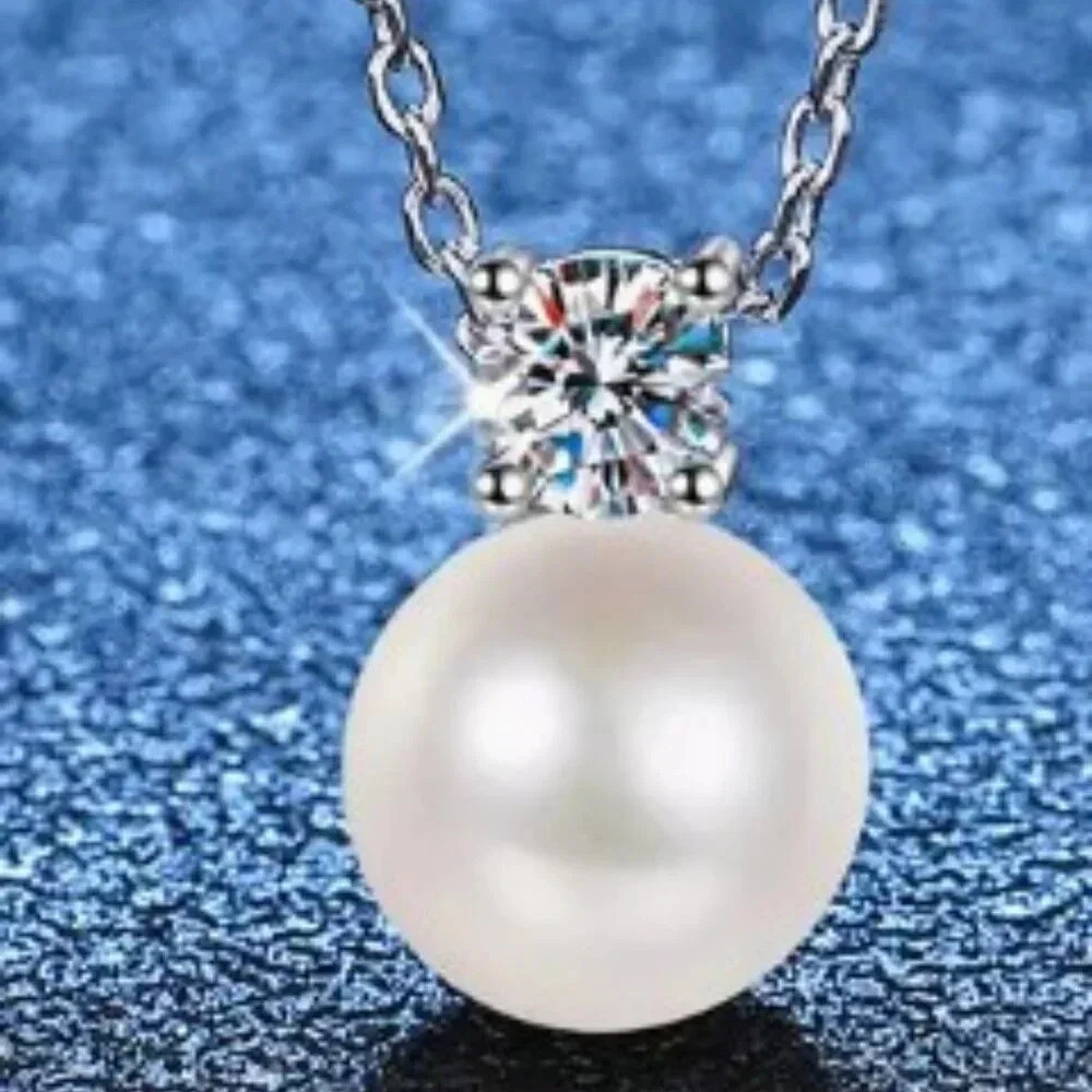 0.5 Carat Moissanite Faux Pearl Pendant Necklace - Sterling Silver S925, Classic